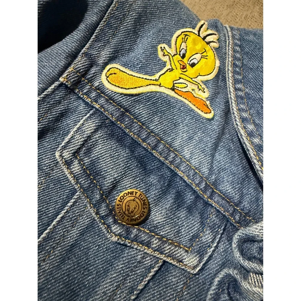 Vintage Looney Tunes Tweety Bird Denim Plaid Dress Kids Size 6X Blue Ruffle 1996